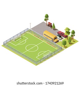 Vector 3d isometric field for football games, parking with cars, yellow school bus and road with bus stop. Green field for sport near asphalt way, city concept. Isometry isolated on white background.