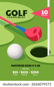 Vector 3d isometric flat illustration of green golf course, golf club, ball, hole. Minimalistic green background with empty space. Trendy design template for golf tournament, poster, ticket or banner