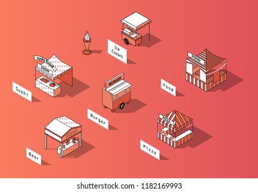 Vector 3d isometric food courts. Shops with sushi, beer, pizza and other food. Mobile markets with canopy made in orange colors and black lines. Urban concept, elements for map of town, marketplace.