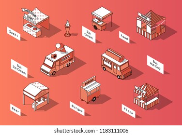 Vector 3d isometric food courts and trucks. Shops with sushi, beer, pizza. Mobile markets with canopy made in orange colors and thin black lines. Urban concept, elements for map of town, marketplace.