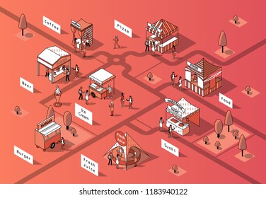 Vector 3d isometric food courts, fair with people. Shops with sushi, pizza and other food in park, tree. Markets with canopy. Urban concept. Marketplace made in orange colors, black thin lines.