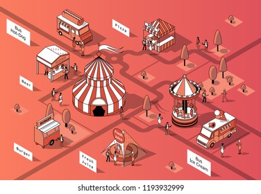 Vector 3d isometric food festival, courts and trucks. Circus in middle of square with shops. Mobile markets with canopy made in black thin lines. Urban concept, elements for map of town, marketplace.