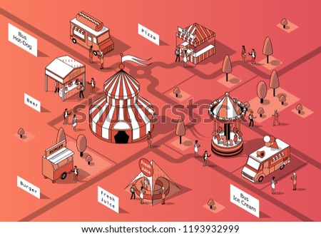 Vector 3d isometric food festival, courts and trucks. Circus in middle of square with shops. Mobile markets with canopy made in black thin lines. Urban concept, elements for map of town, marketplace.