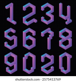 Vector 3D isometric futuristic techno cyberpunk number set. Creative number typography on deep black background