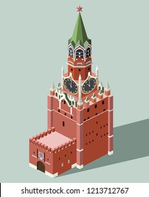 vector 3d isometric icon of Spasskaya Tower of Moscow Kremlin with flat style colored background and shadow