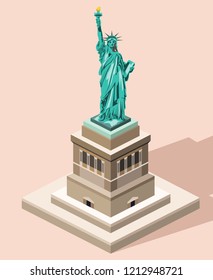 vector 3d isometric icon of Statue of Liberty with flat style colored background and shadow