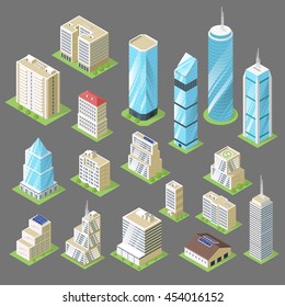 Vector 3d isometric illustration of buildings. Set of skyscraper.