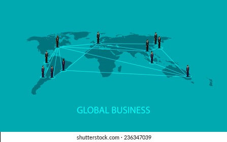 vector 3d isometric illustration of business people standing on the world global map shape. infographic global business cooperation concept.