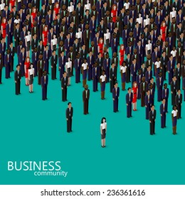 vector 3d isometric illustration of business or politics community. a crowd of men and women (business community or politicians) wearing suits, ties and dresses.