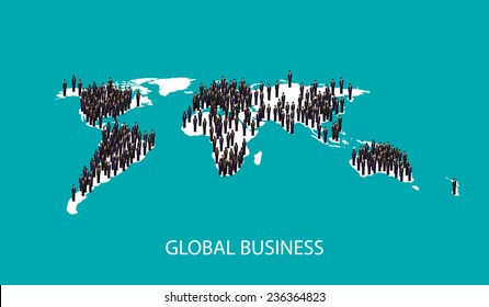 vector 3d isometric illustration of business people standing on the world global map shape. infographic global business cooperation concept.