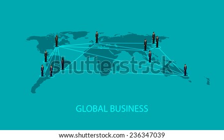 vector 3d isometric illustration of business people standing on the world global map shape. infographic global business cooperation concept.