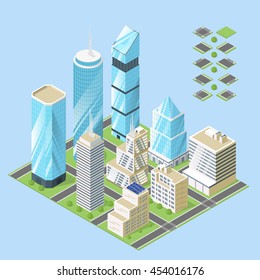 Vector 3d isometric illustration of city buildings.