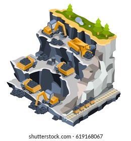 Vector 3D Isometric Illustration Of A Coal Mine With Miners, Excavators, Dumper, Trolleys, Coal Cutter