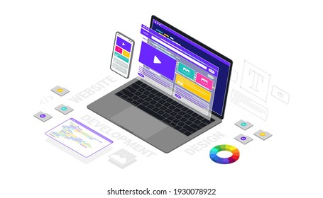 Vector 3d isometric illustration concept of website and app design and development. Creative flat design for web banner, marketing material, business presentation, online advertising.