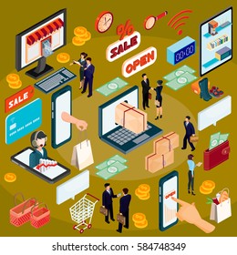 Vector 3D isometric illustration concept of e-commerce, online store. Vector 3D isometric illustration concept of e-commerce, online store.