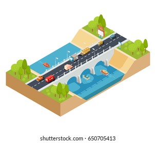 Vector 3D isometric illustration of cross section of a landscape with a flowing river and automobile bridge through it with moving transport.