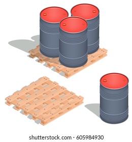 Vector 3D isometric illustration, icons of barrels of oil on a wooden pallet isolated on white