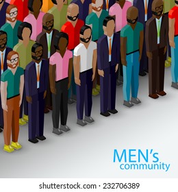 vector 3d isometric  illustration of male community with a large group of guys and men. urban lifestyle concept