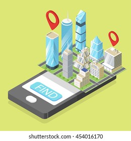 Vector 3d isometric illustration of mobile navigation in city.