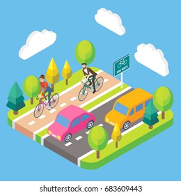 Vector 3d isometric illustration of people riding bicycles on bike lane. Bikers cycling on bike path. Bike route concept design element.