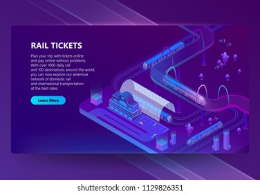 Ilustração isométrica vetor 3d da estação ferroviária com trens, estradas da cidade com bondes em cores ultra violetas. Bilhetes ferroviários on-line bandeira conceito, página web para site com botão e espaço para texto