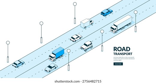 Vector 3d isometric illustration of road with trucks and cars. Modern transport, logistics and delivery concept. Design elements for business, shipping, traffic and urban infrastructure