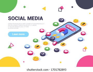 Vector 3d isometric illustration of social media. Web design concept. A phone that attracts all social media in one click. Detailed illustration on a white background.