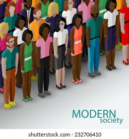 vector 3d isometric  illustration of society members with a large group of men and women. population. modern society concept