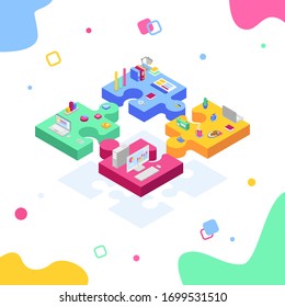 Ilustración isométrica vectorial 3d del trabajo en equipo. Concepto de diseño web. Puzzles de diferentes colores, que muestran la importancia del trabajo en equipo. Ilustración detallada de un fondo blanco.