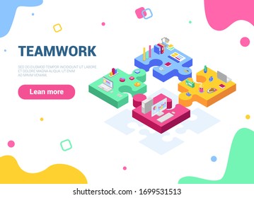 Vector 3d isometric illustration of teamwork. Web design concept. Puzzles of different colors, which show the importance of teamwork. Detailed illustration on a white background.
