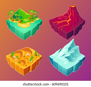 Vector 3D isometric illustration tropical, volcanic, desert, ice island, design elements for games