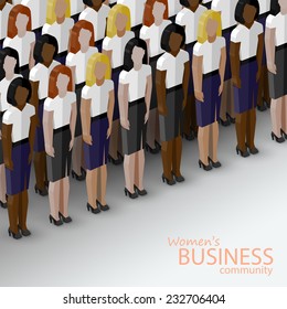 vector 3d isometric  illustration of women business community. a large group of women (business women or politicians).  summit or conference family image