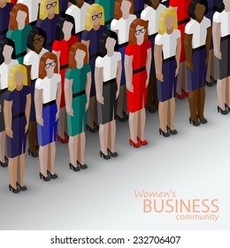 vector 3d isometric  illustration of women business community. a large group of women (business women or politicians).  summit or conference family image