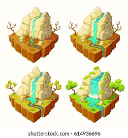 Vector 3D isometric illustrations of an islands with mountains and a waterfall with different levels of water in a river, design elements for games