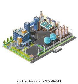 Vector 3d Isometric Industrial Area Treatment Plant,hydroelectric, Water Purifying System Construction. Isolated Vector Icon Set Of Buildings, Pipes, Boilers And Water.