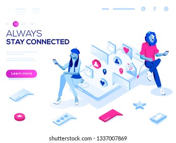 Vector 3d isometric landing page concept. Virtual relationships, online dating and social networking illustration concept. Teenagers chatting on the Internet. 