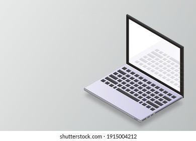 Vector 3d isometric laptop computer. Isometric mock up of laptop. 3d laptop mockup. Computer with blank screen for app. Laptop with open display. Vector illustration
