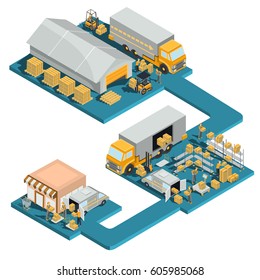 Vector 3D Isometric Logistic And Delivery Illustration Process Of Distribution Goods From A Wholesale Warehouse To A Retail Store