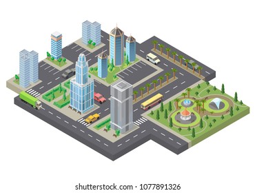 Vector 3d isometric megapolis, city. Collection of skyscrapers, buildings and parking places with green park, palm trees. Streets with traffic - cars, automobiles
