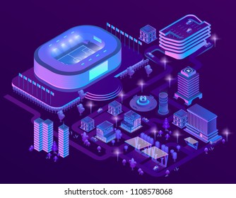 Vector 3d Isometric Megapolis With Stadium. Sport Arena In City In Violet Colors. Collection Of Skyscrapers, Buildings With Ultraviolet Lighting. Streets With Traffic - Cars, Automobiles