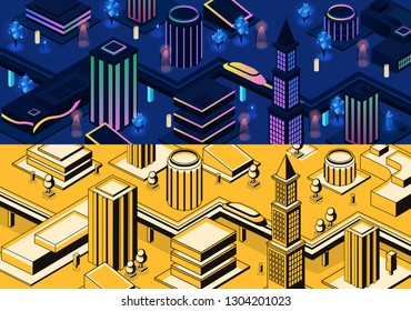 Vector 3d isometric modern city - metropolis in blue and yellow colors or town in line art style. High-speed monorail train, subway in futuristic buildings. Skyscrapers architecture, urban concept