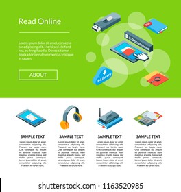 Vector 3d isometric online education icons landing web page banner template illustration