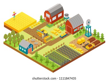 Vector 3d isometric rural farm with mill, garden field, trees, tractor combine harvester, house, windmill and warehouse for app and game.