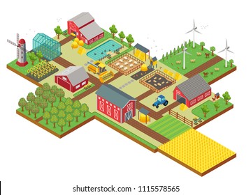 Vector 3d isometric rural farm with mill, garden field, farm animals, trees, tractor combine harvester, house, windmill and warehouse for app and game.