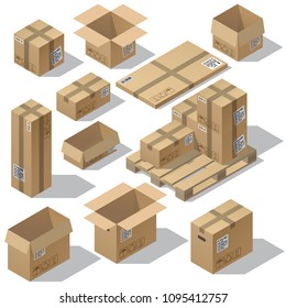 Vector 3d isometric set of cardboard packaging, mail for delivery isolated on white background. Open and closed pasteboard boxes of different shapes on wooden pallet