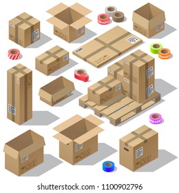 Vector 3d isometric set of cardboard packaging, mail with adhesive tapes for delivery. Packages isolated on white background. Open and closed pasteboard boxes of different shapes on wooden pallet