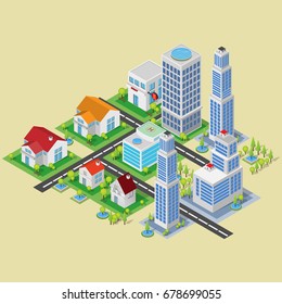 Vector 3d Isometric set plant buildings streets, roads, trees. Urban infrastructure of city metropolis.