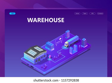 Vector 3d isometric site template with warehouse, tracking system. Site with buttons in ultraviolet colors. Purple portal background with truck for shipping and storage. Commercial logistic service.