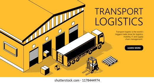 Vector 3d isometric site template with warehouse, truck. Thin line art, portal with button for transport logistics. Yellow background with goods and storage. Commercial shipping for internet page.