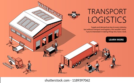 Vector 3d isometric site template with warehouse, truck and people. Thin line style, internet portal with button for transport logistics. Orange background with goods and storage. Commercial shipping